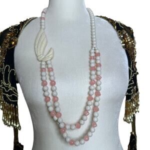 Pink & Cream Bead Necklace. Double Strand Large Accent Shell Lucite Plastic